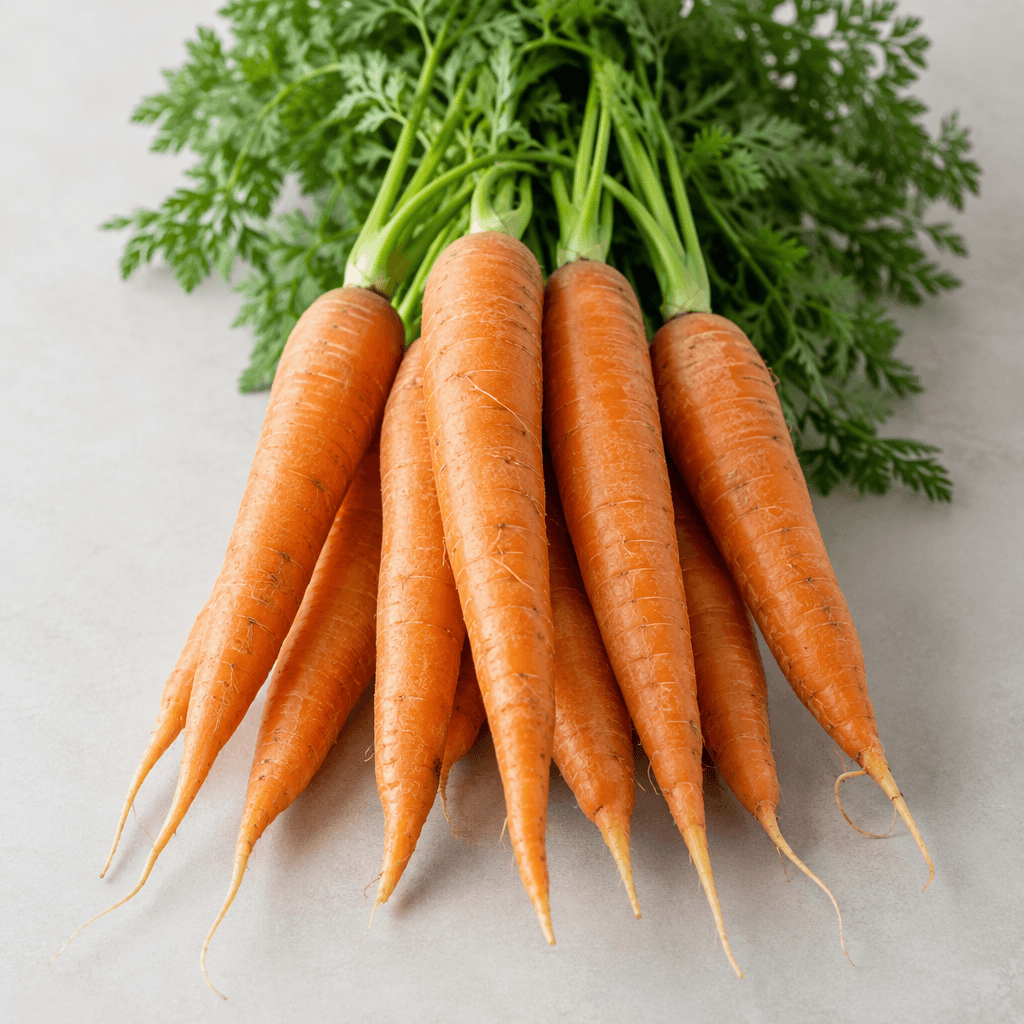 Whole carrots with elongated tapered orange roots, slightly ridged surfaces, and leafy green tops, arranged together on a plain surface.