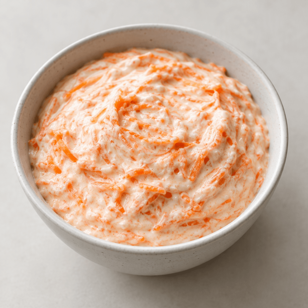 A bowl of thick, smooth white yogurt mixed with finely grated orange carrot, creating a pale orange-speckled mixture with visible carrot shreds throughout.
