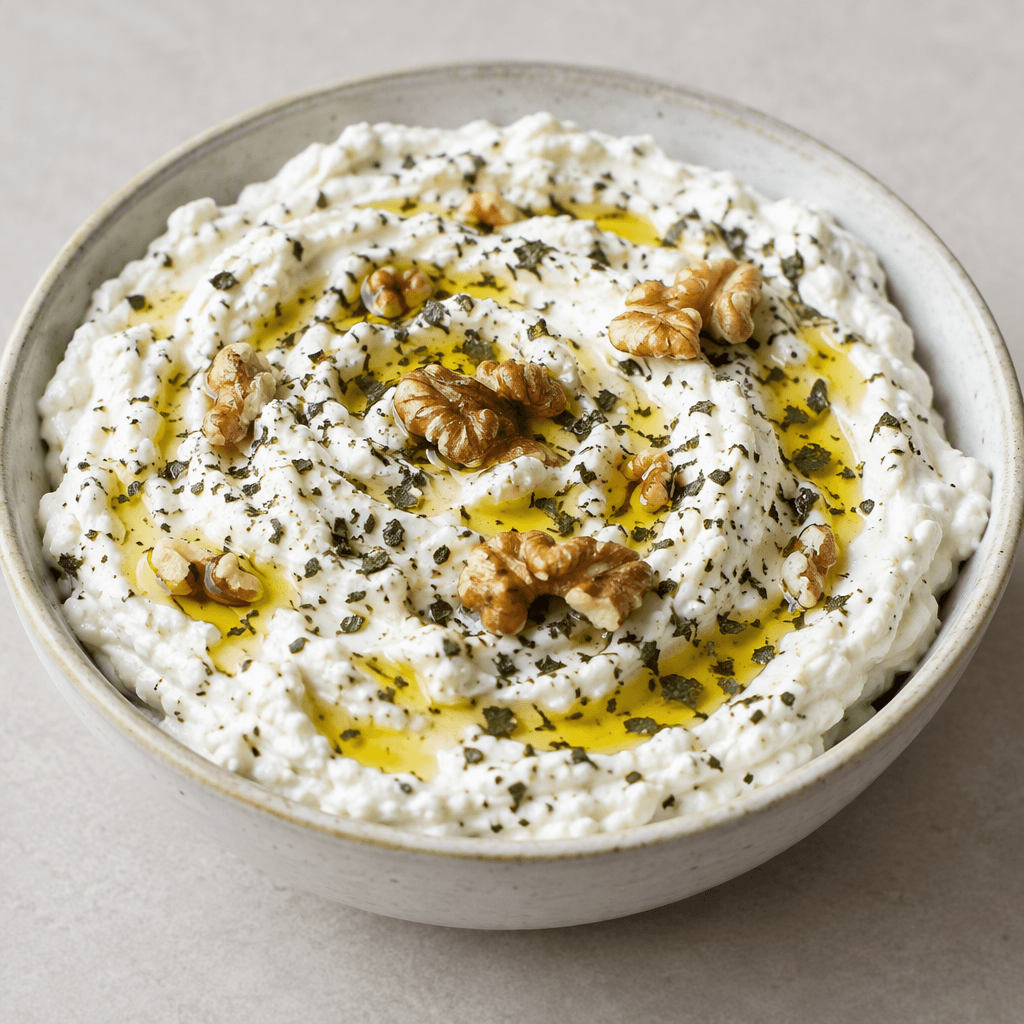 A thick, smooth white spread made from strained yogurt and white cheese sits in a shallow dish, flecked with dried mint and topped with a drizzle of olive oil and a few walnut pieces.