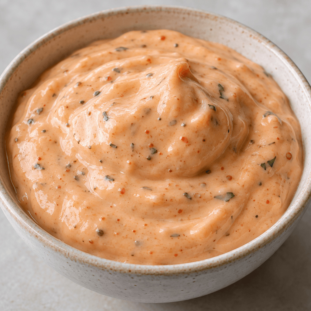 A thick, creamy pale orange-pink sauce with a smooth, glossy surface and tiny flecks of green and red, spooned in a soft mound.