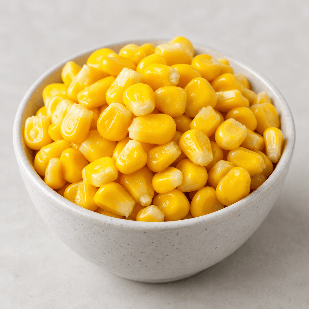 Glossy golden-yellow corn kernels with smooth, plump surfaces are piled in a small serving bowl.