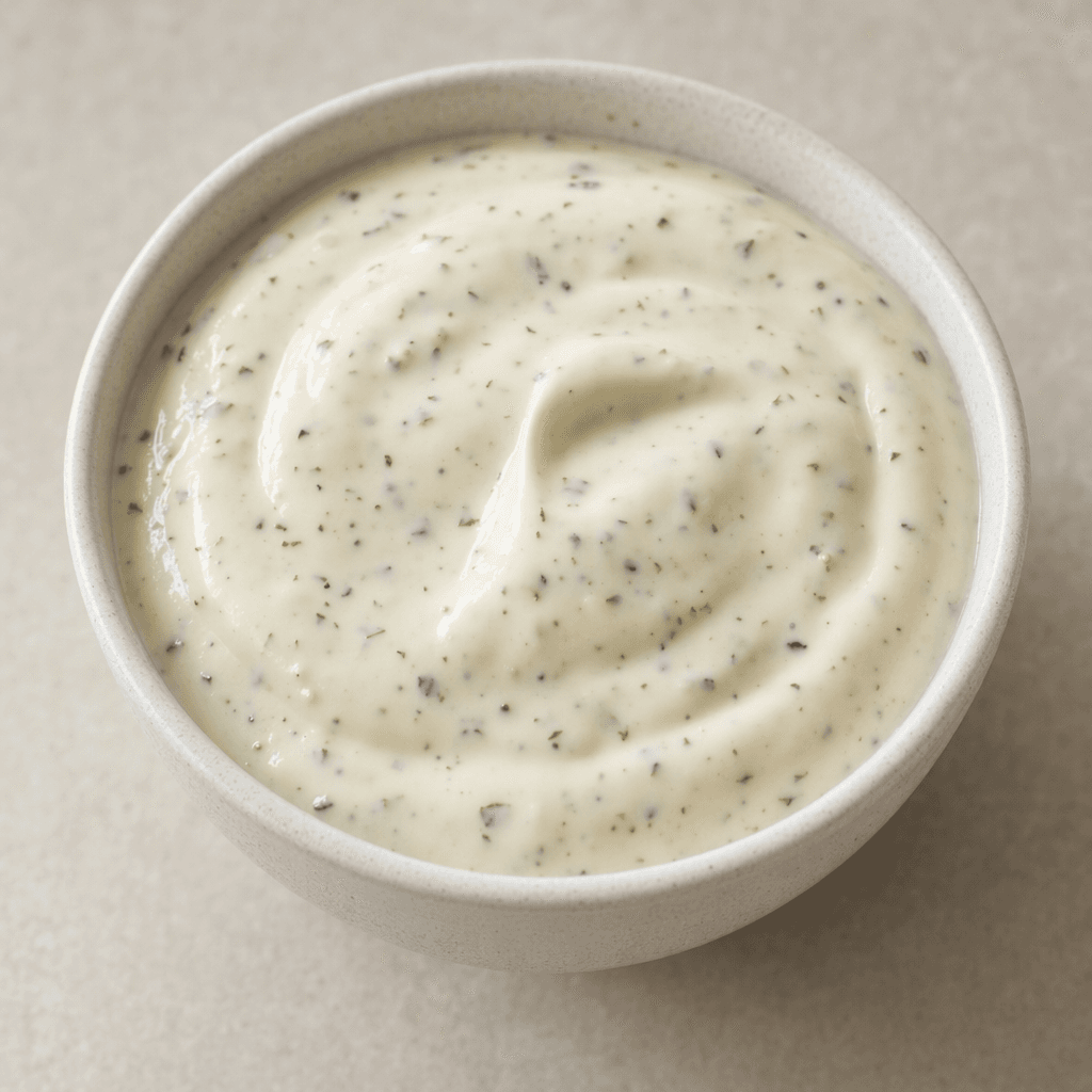 A thick, smooth, off-white sauce with tiny green herb and dark seasoning flecks, shown in a small serving bowl.
