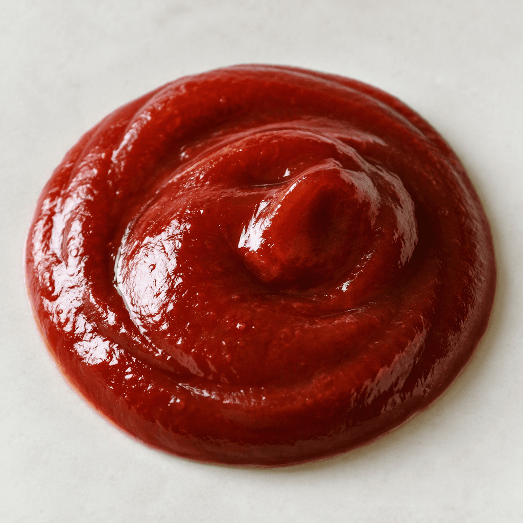 A glossy, smooth, deep-red sauce sits in a thick pool, with a gently curved surface and a slight sheen.