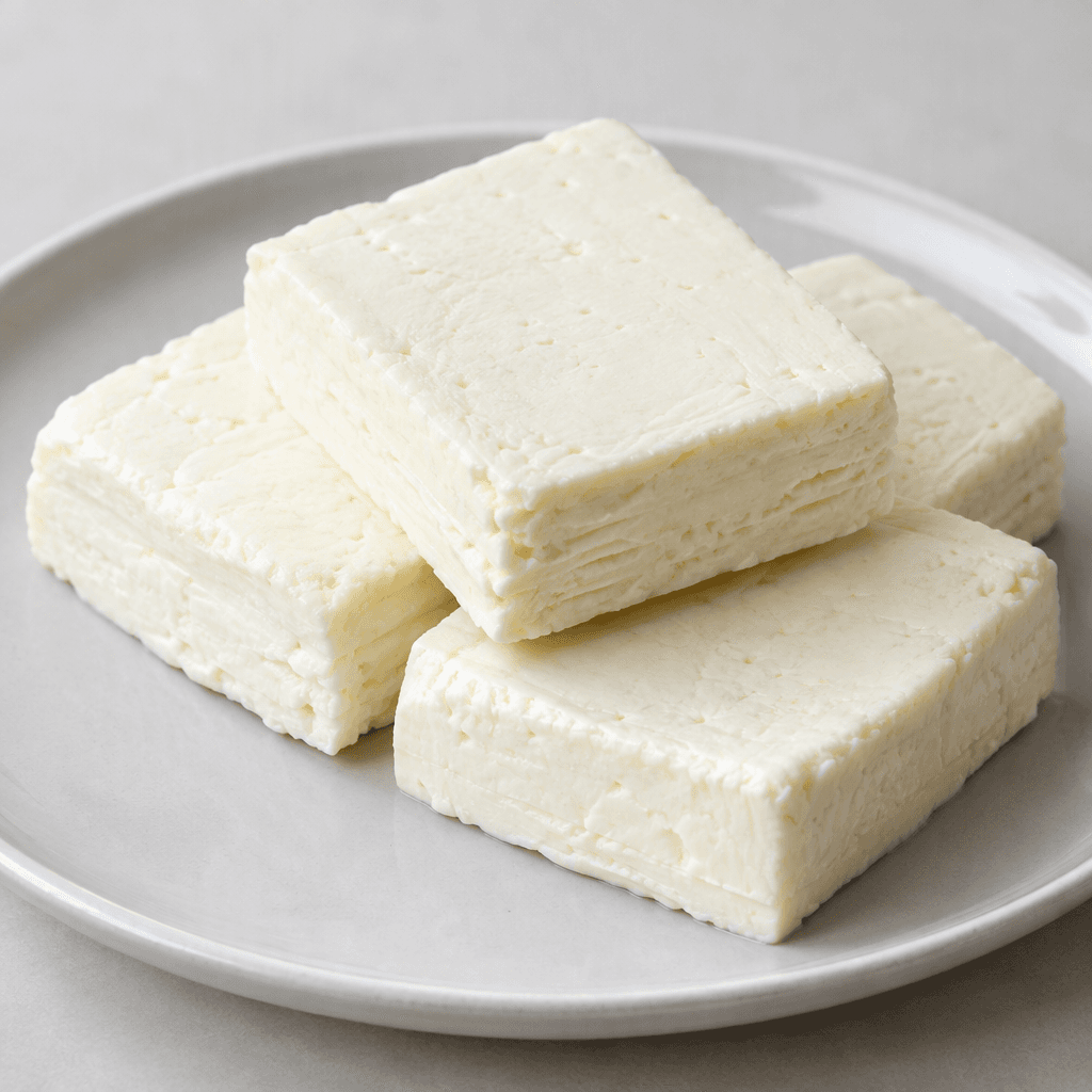 Thick, compact rectangular pieces of halloumi cheese with a smooth ivory-white surface, faint layered edges, and a firm, slightly springy-looking texture, arranged on a plate.