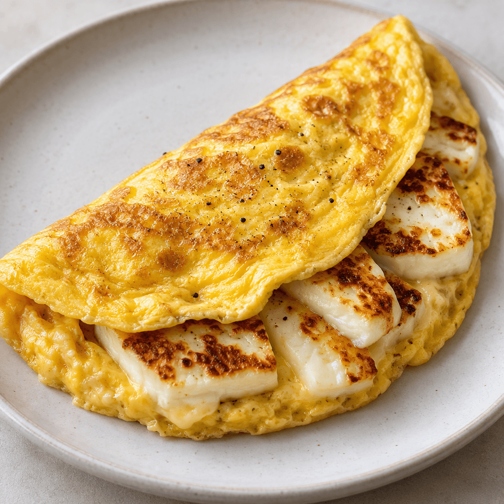 A golden-yellow folded omelet sits on a plate, with thick ivory-white halloumi pieces showing lightly browned edges and a firm, smooth texture.