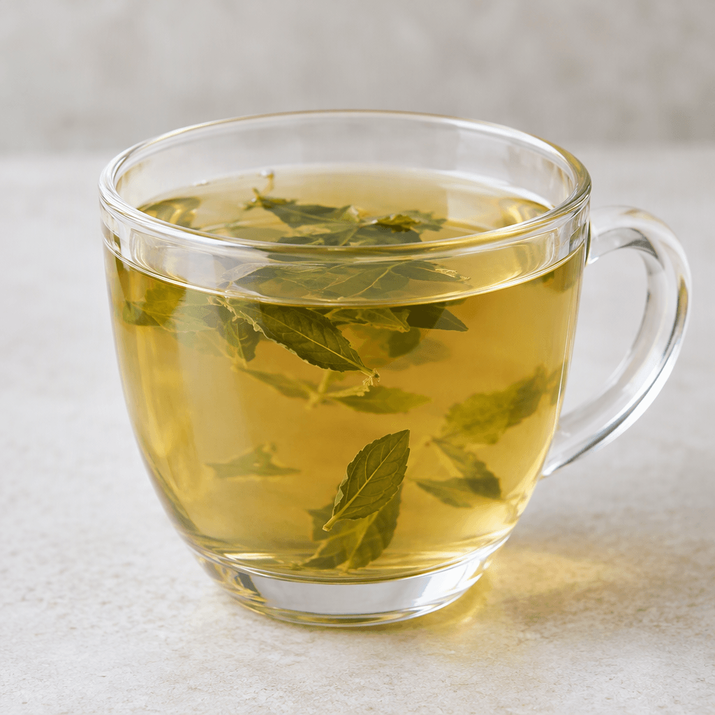 A clear glass cup holds a translucent, pale golden-green herbal infusion, with a few small leaves visible in the liquid.