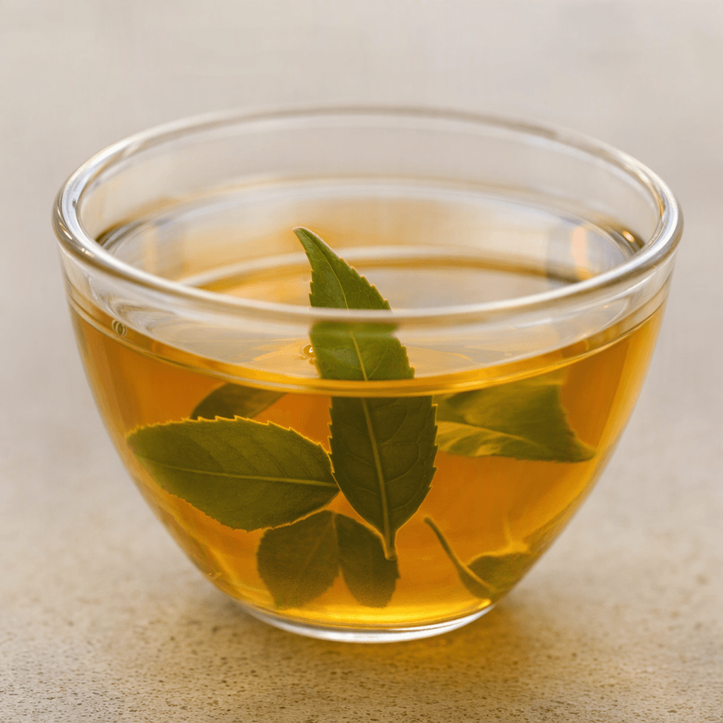 Şeffaf bir fincanda, içinde birkaç yeşil yaprağın seçildiği berrak, altın kehribar renginde bitki çayı bulunuyor.