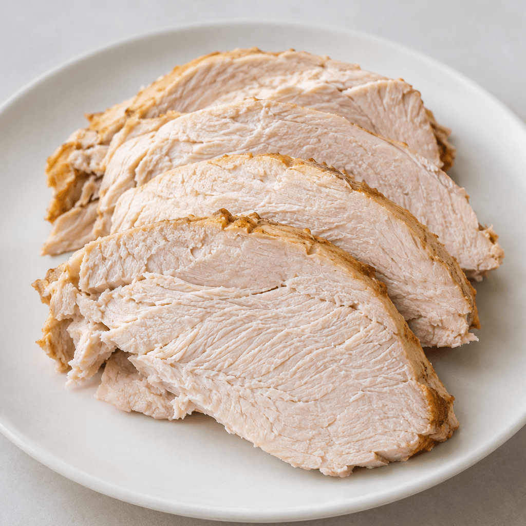 Pale pink to beige turkey meat with a lean, fibrous texture, shown as thick slices with slightly uneven edges on a plain plate.