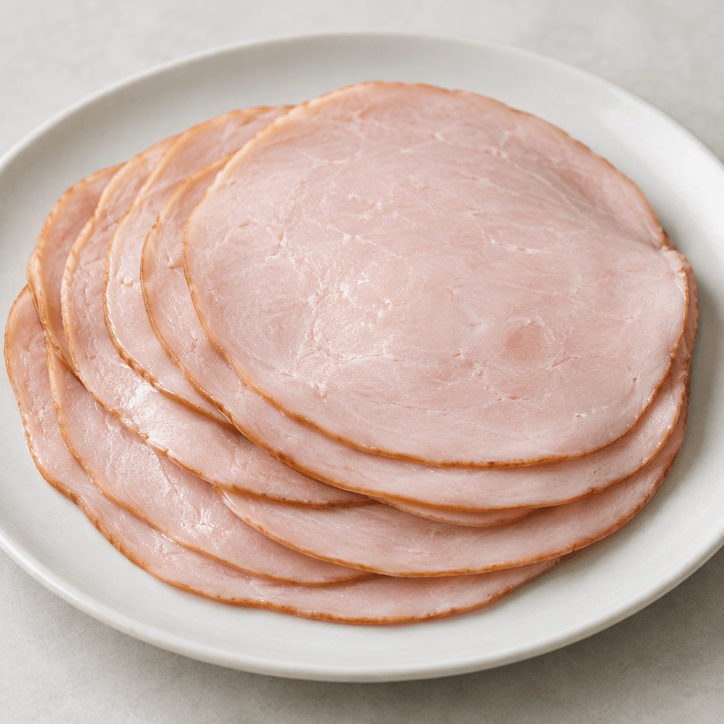 Several thin, round-to-oval slices of processed turkey ham are layered on a plate, showing a uniform pale pink colour, smooth finely textured surfaces, slightly darker edges, and a moist sheen.