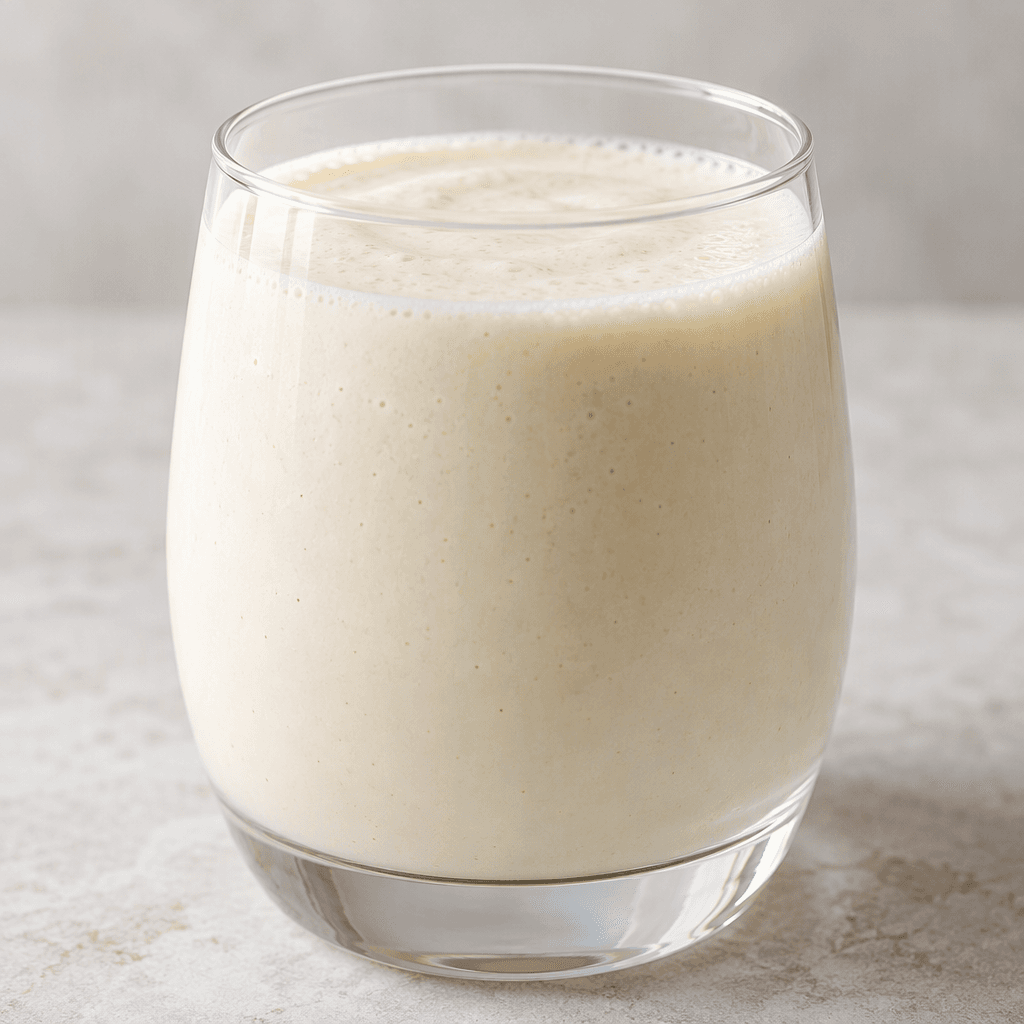 A smooth, pale-colored drink sits in a clear glass, with no visible garnish or distinct pieces.