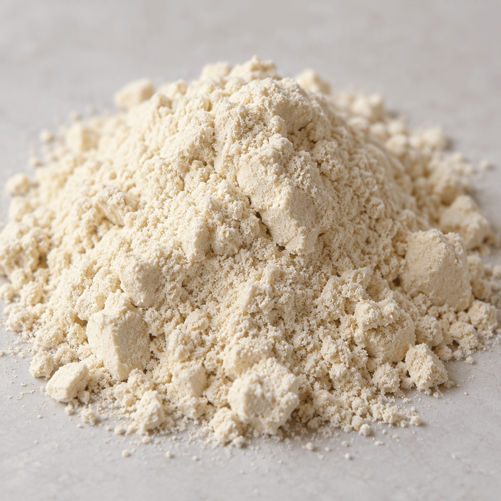 A small mound of fine, pale cream-colored protein powder with a soft, slightly clumpy texture.