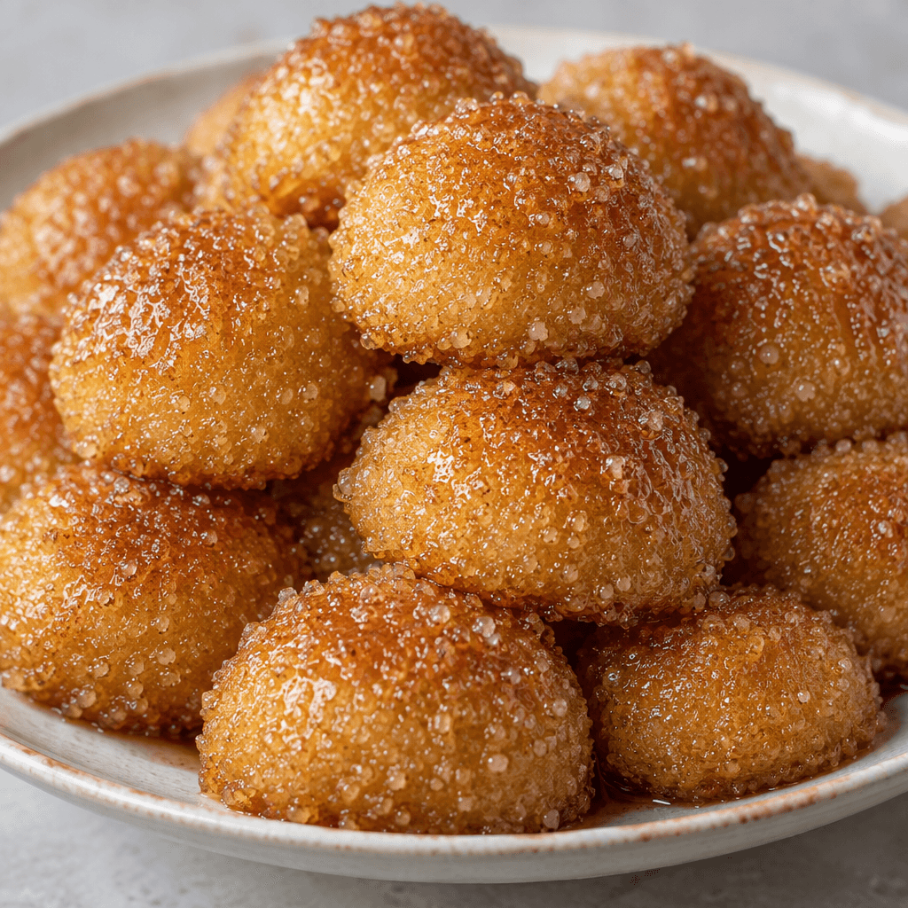 Small, rounded golden-brown semolina pastries with a visibly grainy coating sit closely together on a plate, their syrup-glossed surfaces dotted with fine semolina grains.