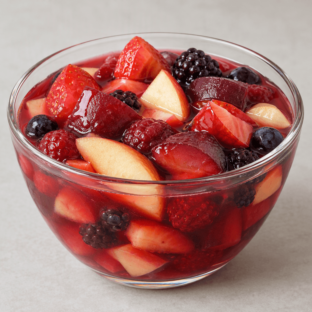 A clear glass bowl filled with chunky pieces of red and purple fruit, pale yellow apple slices, and soft berries suspended in a translucent ruby-red syrup, with glossy fruit surfaces and a few pieces visible above the liquid.