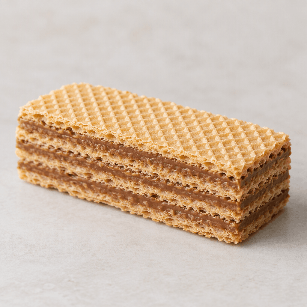 A rectangular golden-beige wafer bar made of thin, crisp layers with visible light-brown hazelnut cream sandwiched between them, served as a single piece.