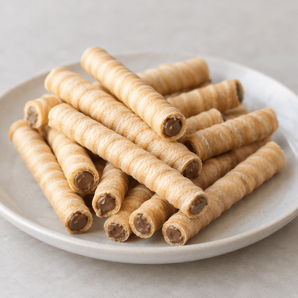 Slim, cylindrical wafer biscuits with a pale golden, ridged surface and visible spirals of crisp wafer wrapped around a smooth chocolate-coloured cream filling at the cut ends, arranged on a plate.