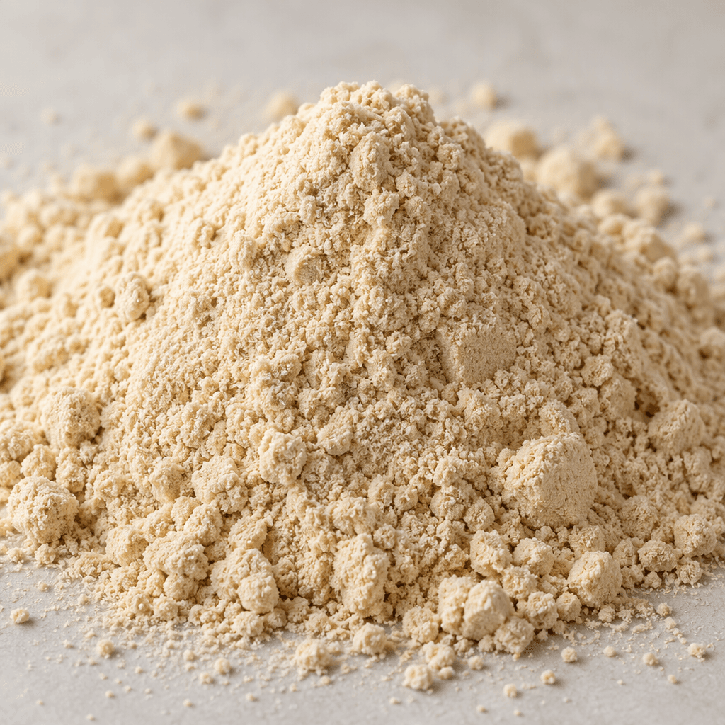 Sade bir yüzey üzerinde, ince ve kuru dokulu, açık bej renkli protein tozu hafifçe taneli bir yığın hâlinde duruyor.