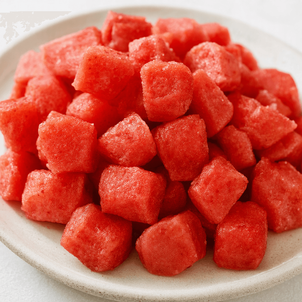 Small, roughly cubed strawberry-red pieces with a slightly uneven, soft-looking surface are arranged together on a plate.
