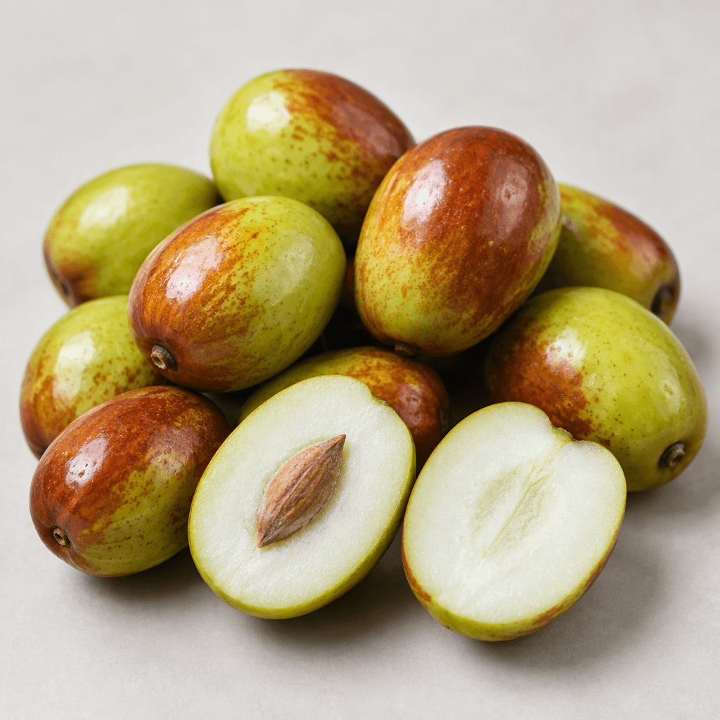 Fresh jujubes are small oval fruits with smooth, glossy green skin fading to reddish brown, firm pale flesh, and a single elongated stone visible in a cut-open fruit, arranged on a plain surface.