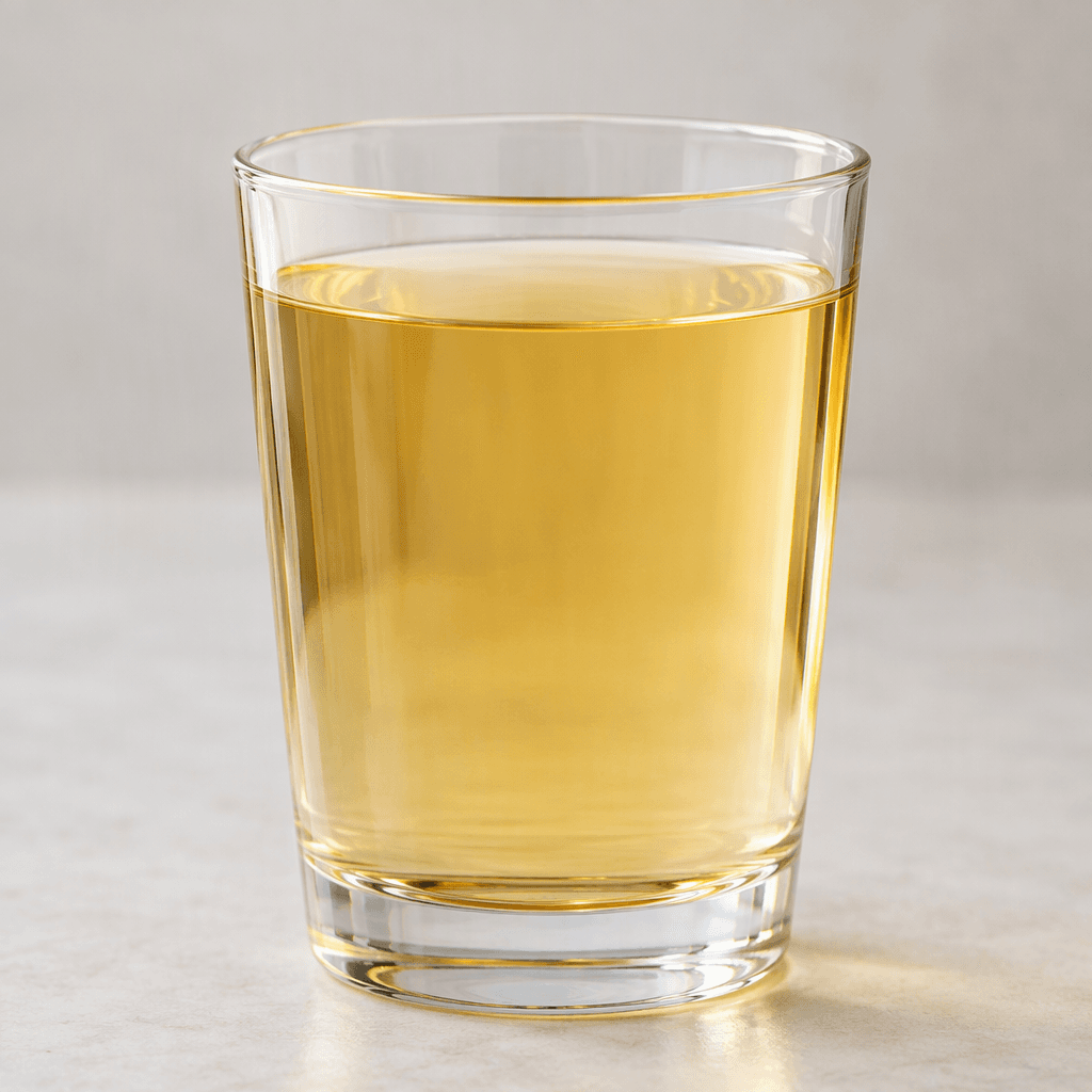 A clear drinking glass filled with a smooth, translucent beverage in a pale golden colour, with a clean surface and no visible garnish.