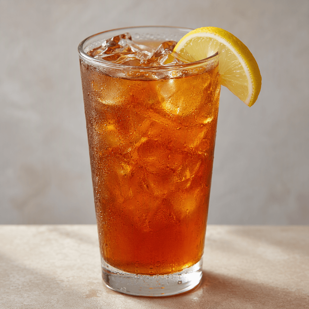 A tall transparent glass filled with amber-brown iced tea, visible ice cubes floating near the surface, condensation droplets on the glass, and a lemon wedge resting on the rim.
