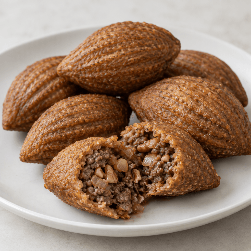 Oval, ridged meatballs made from a thin brown bulgur shell, with one split open to reveal a browned minced-meat, onion and walnut filling, arranged on a plain serving plate.