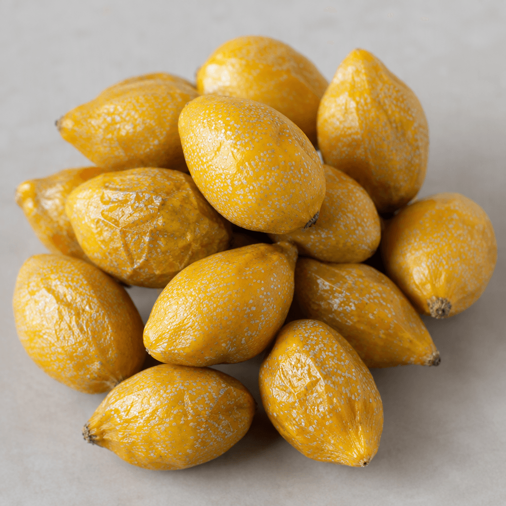 Small oval-to-oblong fruits with smooth golden-yellow skin densely covered in silvery speckles, some showing a slightly wrinkled surface and a pointed tip, arranged loosely together.