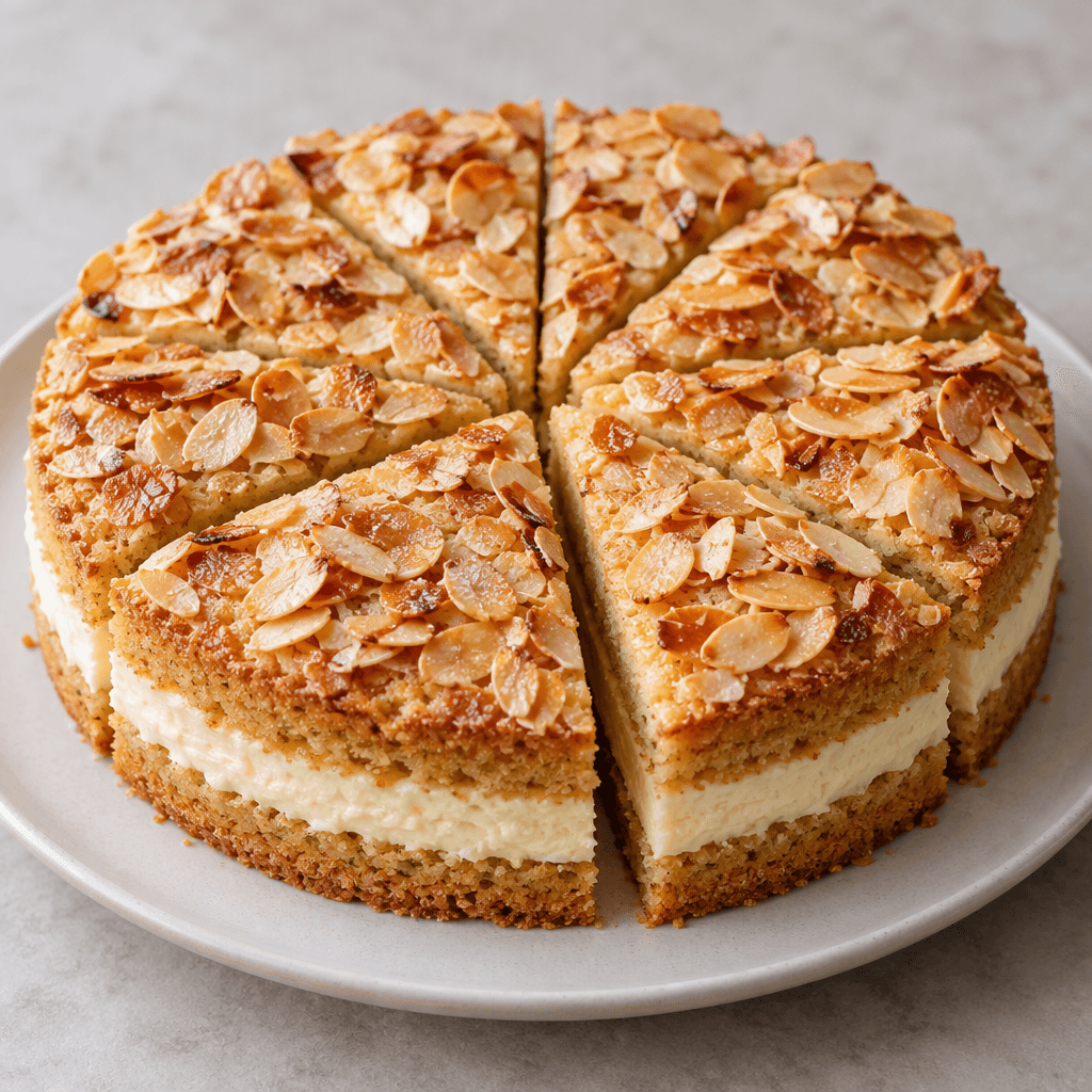 A round cake with two golden, finely textured almond layers sandwiching pale cream, topped with a scattering of toasted almond flakes and cut into neat wedges on a plate.