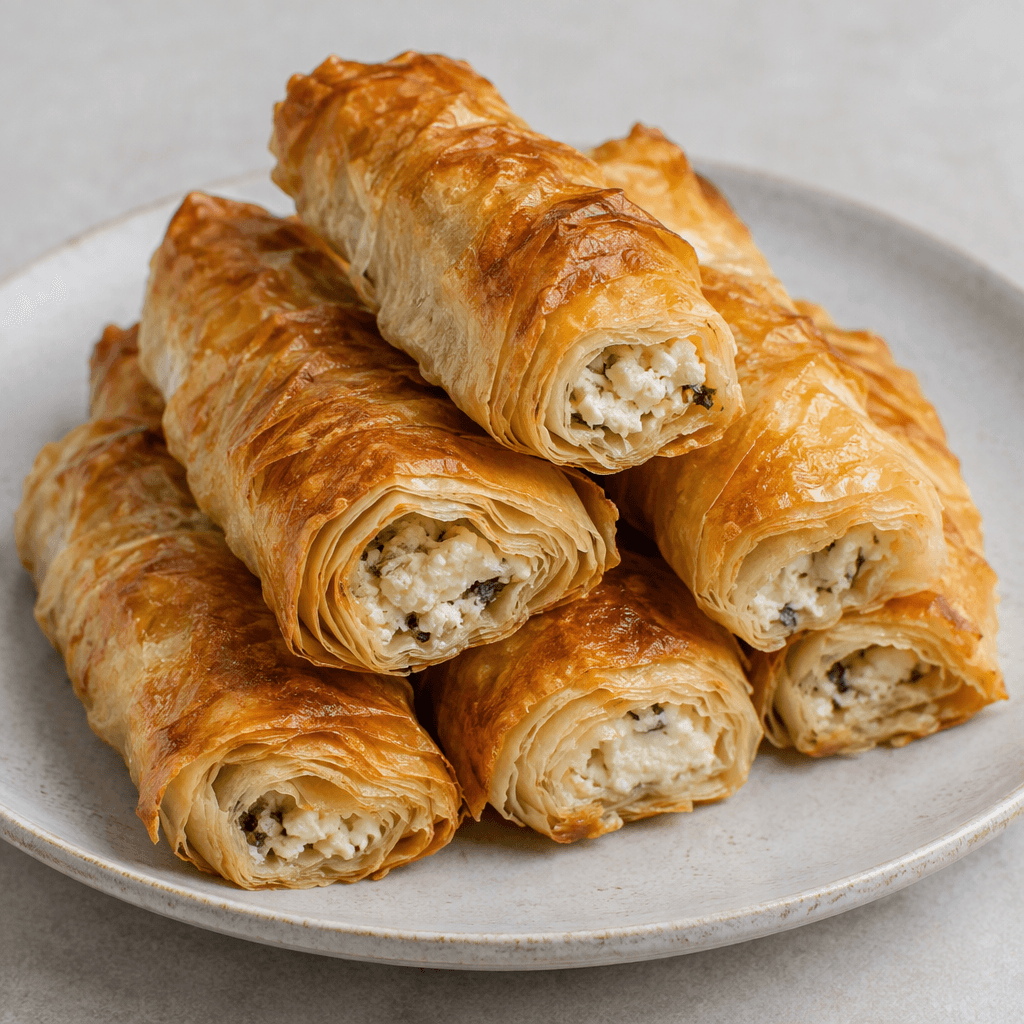 Golden-brown, flaky pastry rolls are arranged on a plate, with delicate layered edges and pale filling visible at the cut ends.