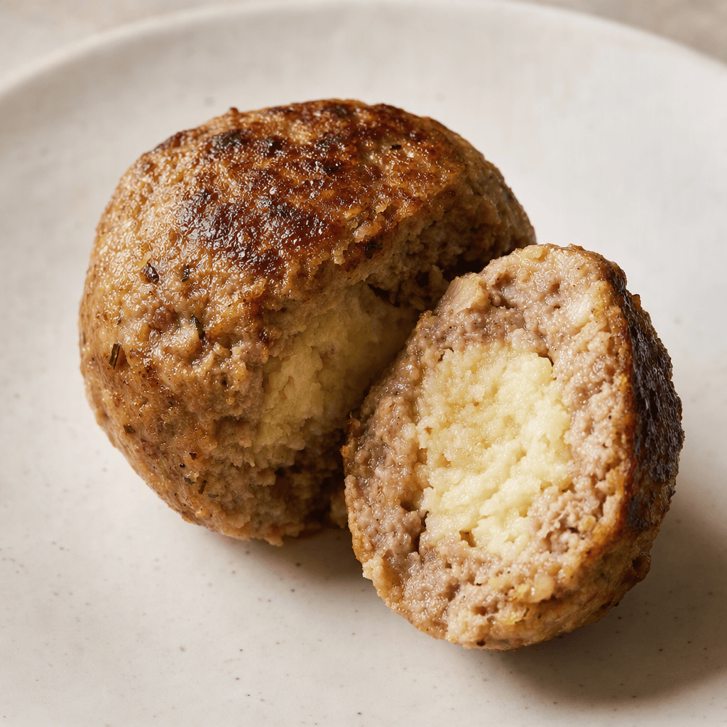 A round, browned meatball sits on a plate, with one cut open to reveal a pale, soft filling inside its coarse-textured meat exterior.