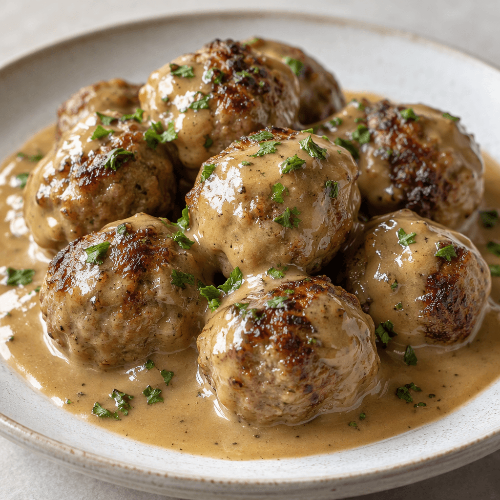 Several small, round, browned meatballs sit on a plate beneath a glossy, creamy brown sauce.