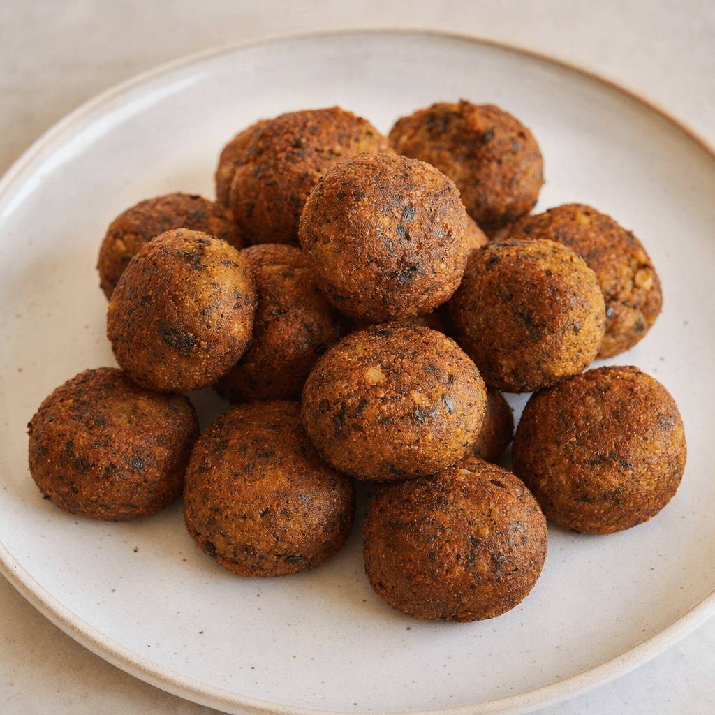 Several small, round plant-based balls with a deep golden-brown, lightly mottled surface are arranged on a plain plate.