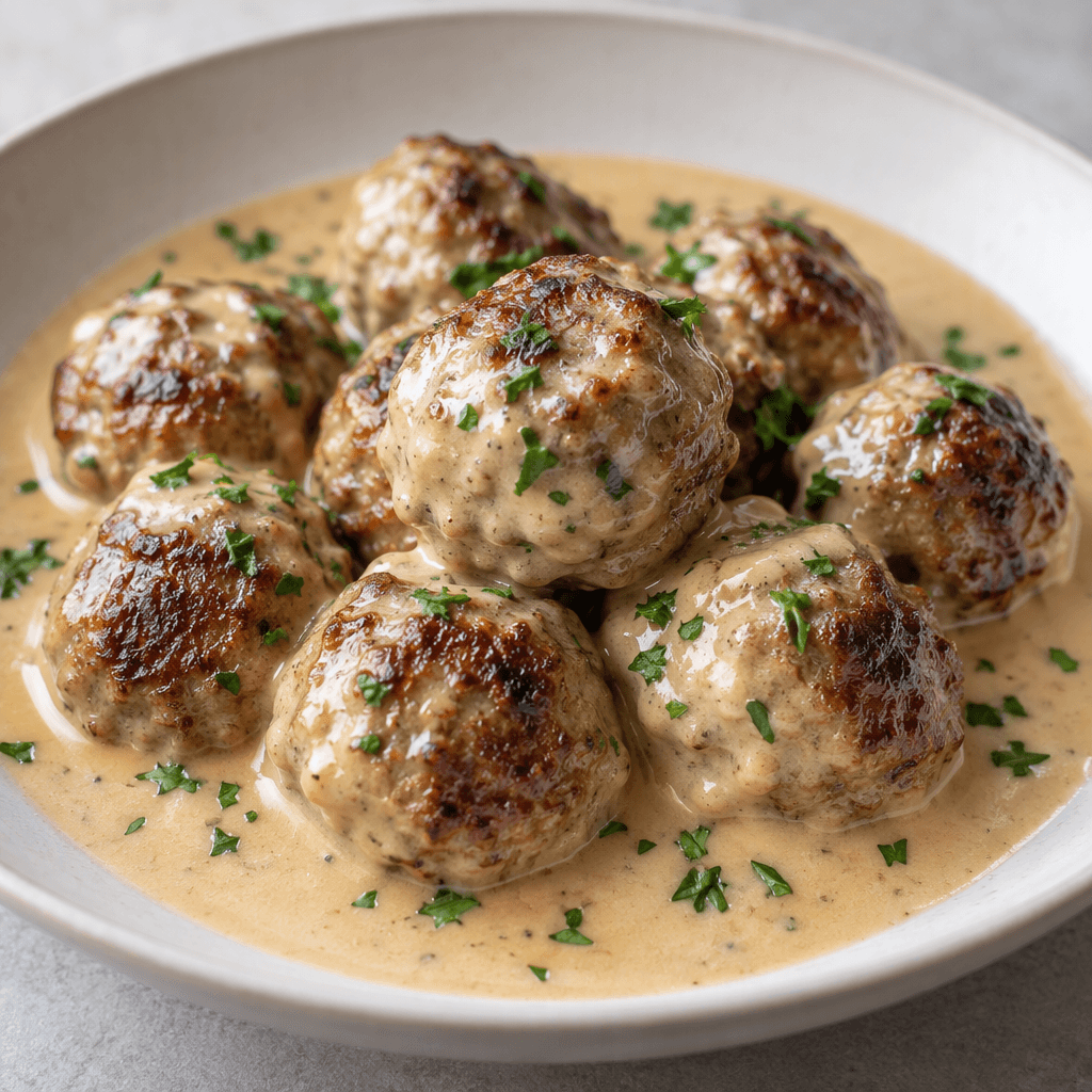 Small, round browned meatballs sit in a shallow pool of smooth, pale beige cream sauce, with the sauce coating some of their browned surfaces, served together on a plate.