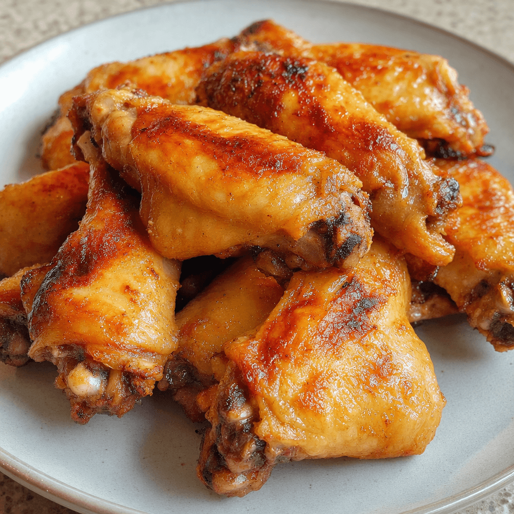Several plump chicken wings with browned, slightly glossy skin and darker caramelized patches are piled on a plate, their curved shapes and exposed bone tips visible.