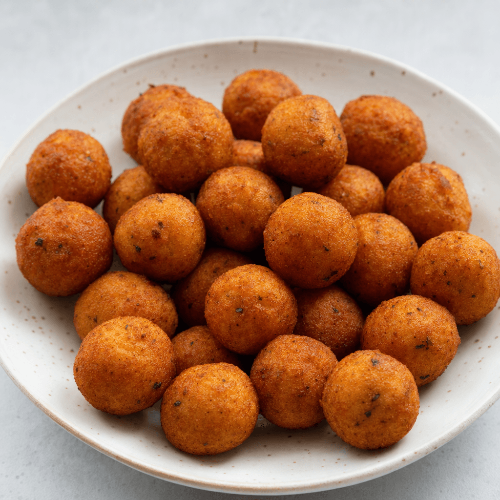 Small, roughly spherical, evenly browned balls with a lightly textured surface, served together on a plate.