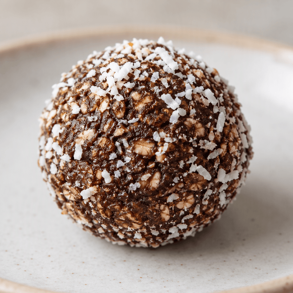 A small, round, dark-brown oat ball with a slightly rough, grainy surface and a light dusting of fine coconut flakes, served on a plate.