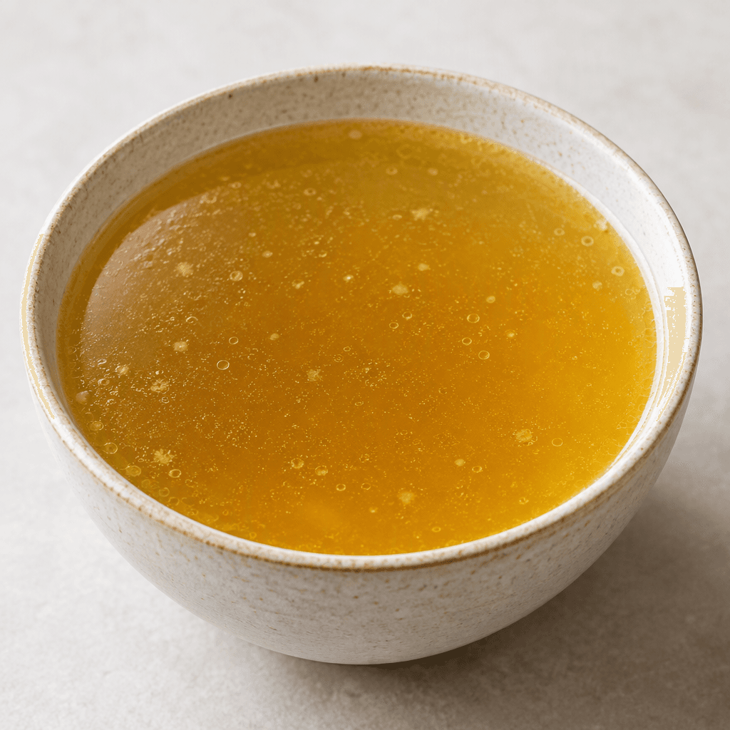 A bowl of clear amber-golden bone broth with a lightly oily surface and a few tiny suspended particles, served warm with no other visible ingredients.