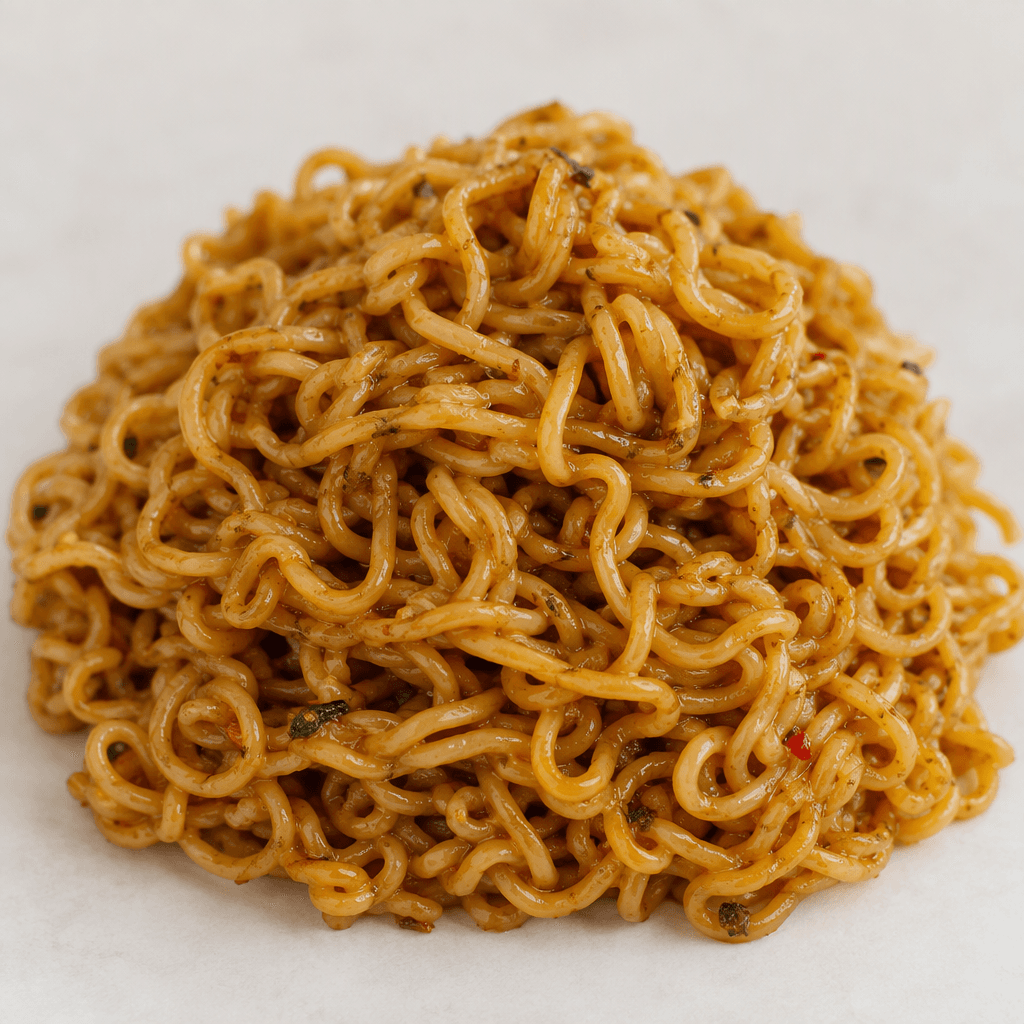 A loose mound of thin, wavy golden noodles coated in a glossy brown seasoning, with a few tiny seasoning flecks visible between the strands.