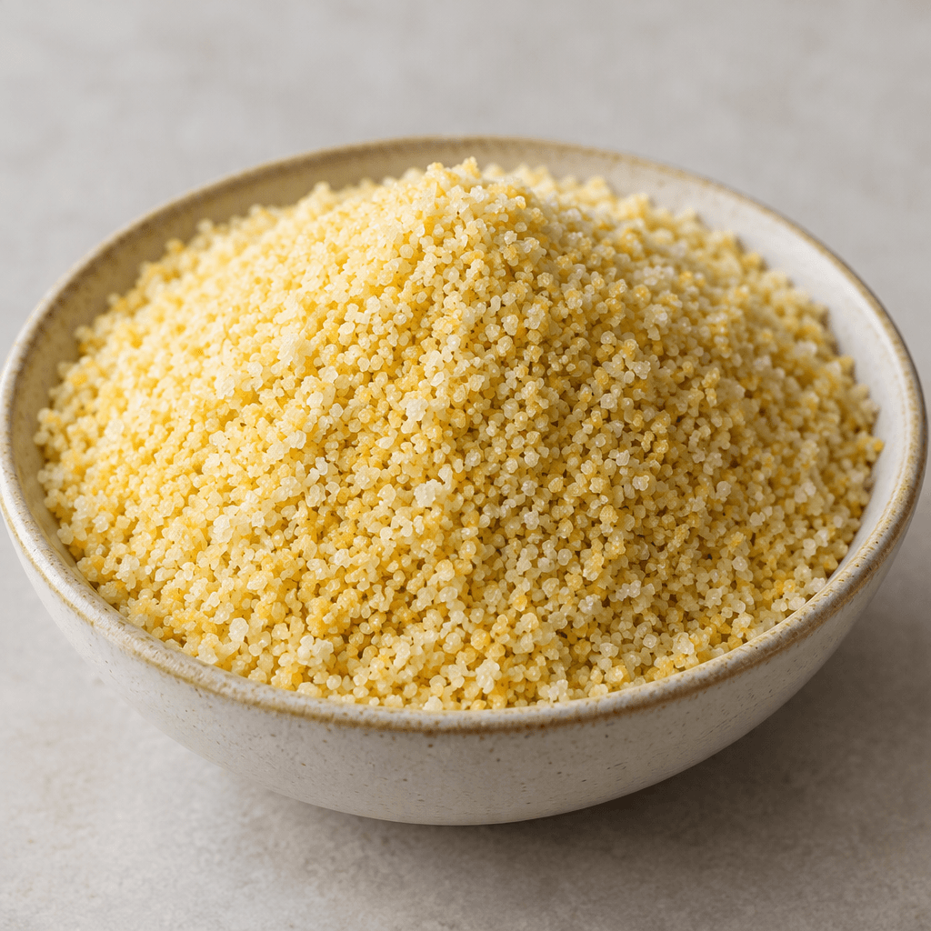 A mound of coarse, dry semolina granules sits in a shallow bowl, its small irregular grains ranging from pale cream to warm golden yellow with a loose, sandy texture.