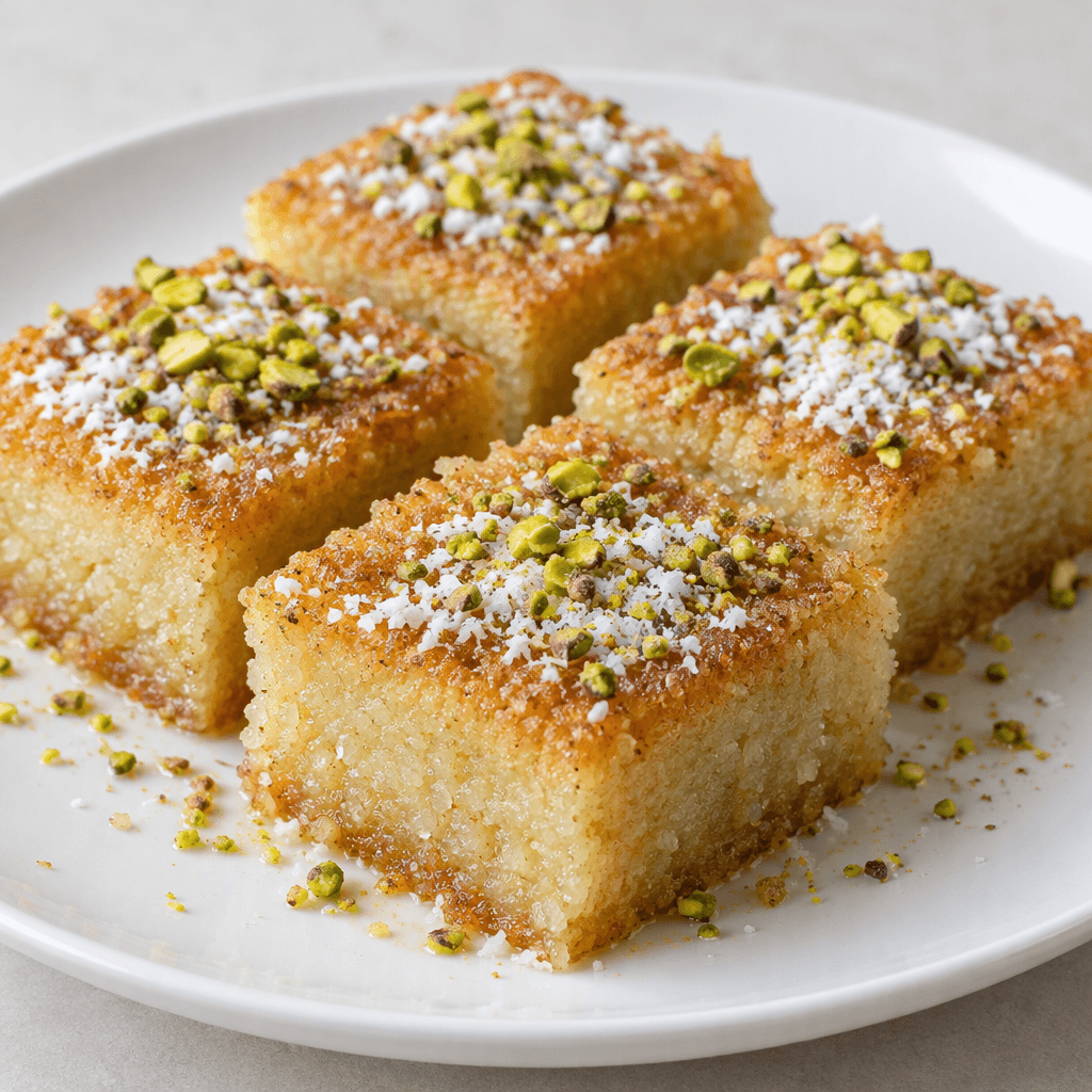 Neat squares of pale golden semolina cake with a moist, slightly grainy surface, arranged on a white plate and sprinkled with fine coconut and crushed green pistachios.