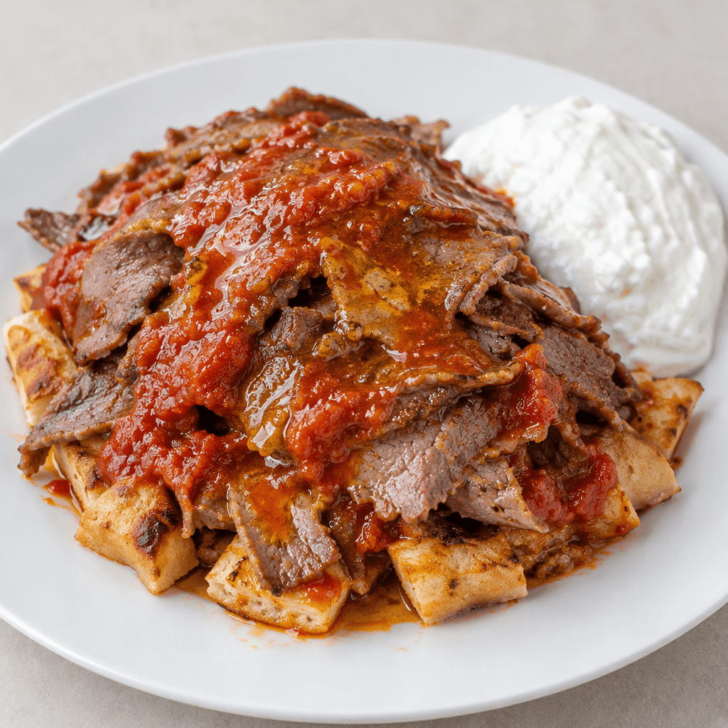 Beyaz bir tabakta, kızarmış ekmek parçalarının üzerinde ince ve kahverengi kuzu-dana döner dilimleri bulunur; üzerleri parlak tereyağıyla kaplanmış canlı kırmızı domates sosuyla örtülüdür ve yanında koyu kıvamlı beyaz yoğurt yer alır.