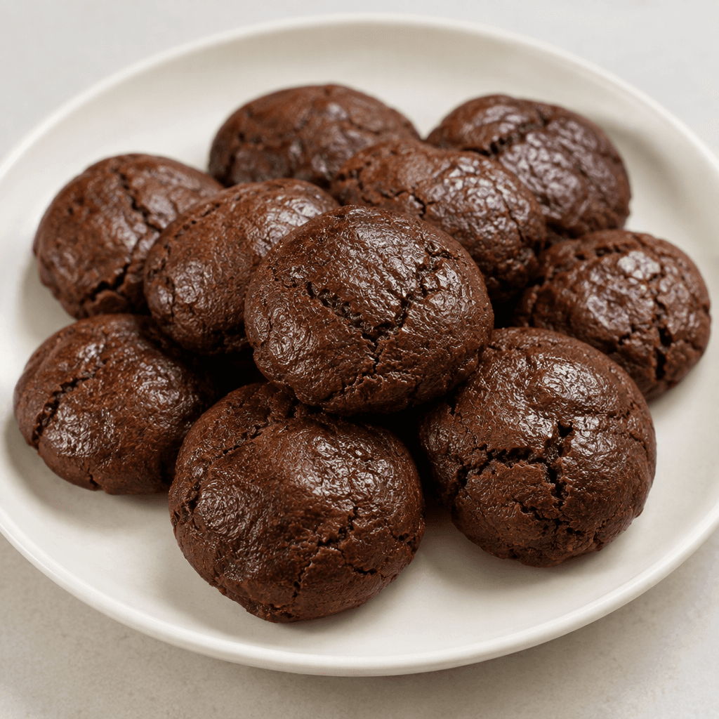 Small, round, dark-brown cocoa cookies with slightly cracked edges and a soft, moist-looking, glossy surface, arranged closely on a plain serving plate.