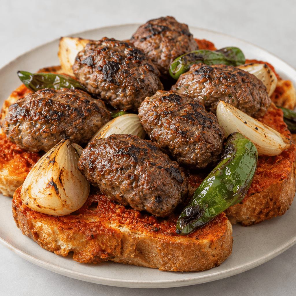 Several browned, oval meatballs with a slightly rough grilled surface are arranged over slices of bread stained deep red-orange with sauce, alongside pale onion wedges and glossy green peppers.