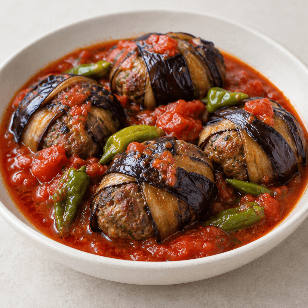 Oval meatballs are wrapped in crossed strips of soft, glossy deep-purple eggplant and arranged in a shallow dish with bright red tomato sauce, with small green peppers and tomato pieces visible on top.