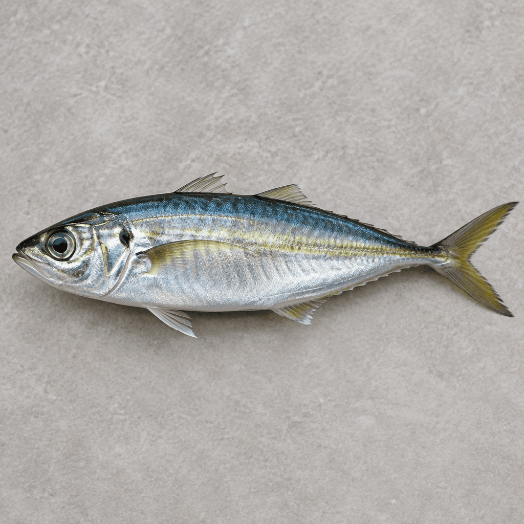 Whole horse mackerel are slender, streamlined fish with blue-green backs, bright silvery sides, large dark eyes, a pointed head, small sharp fins, and deeply forked tails.