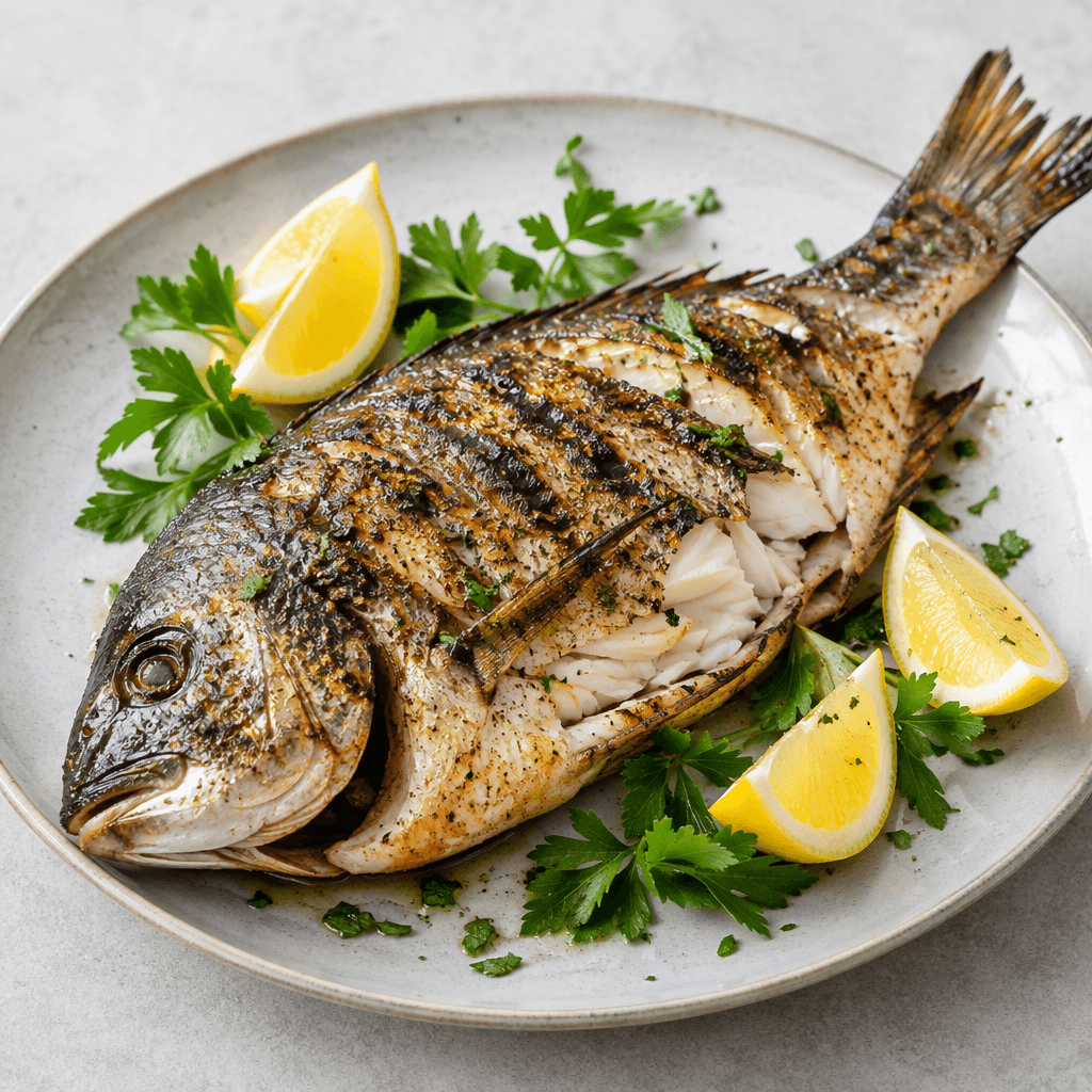A whole grilled fish with browned, slightly charred skin, visible grill marks, crisp edges, and flaky white flesh exposed where it has been opened, served on a plate with lemon wedges and fresh green herbs.