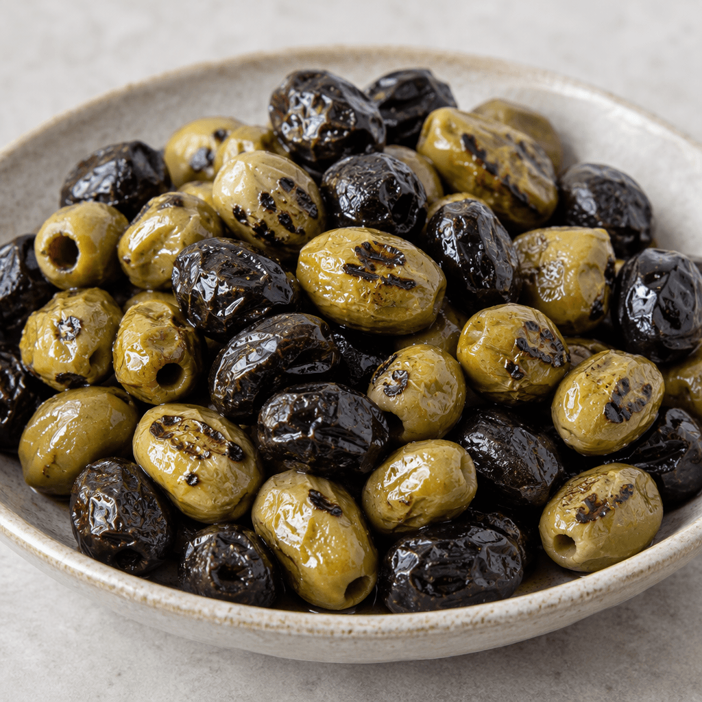 Green and black olives with wrinkled skins and scattered dark blistered grill marks are piled in a shallow serving dish, with a light sheen of oil.