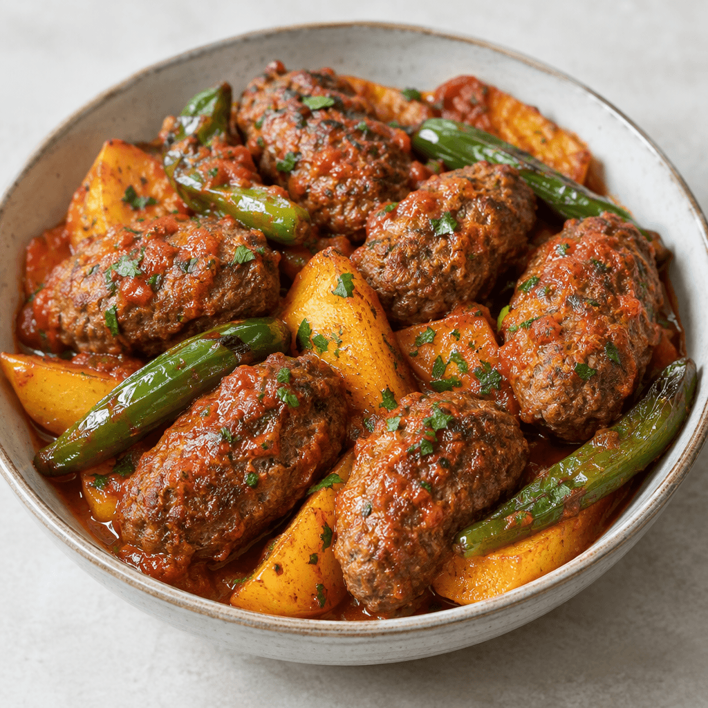 Oblong, browned meatballs are arranged with golden potato wedges and whole green peppers in a shallow dish, covered with a glossy red tomato sauce and small flecks of herbs.