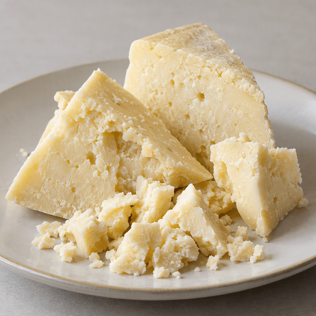 Irregular wedges and crumbled pieces of İzmir tulum cheese sit on a plain plate, showing a pale ivory to light yellow colour, a firm dry surface, and a crumbly interior with small uneven pores.