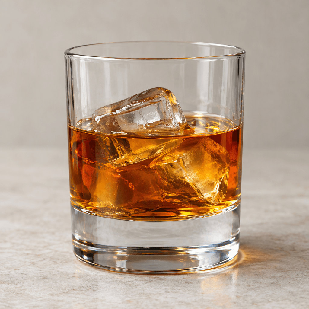 A clear, deep amber-brown spirit sits in a short, thick-bottomed glass, catching warm highlights against the glass.