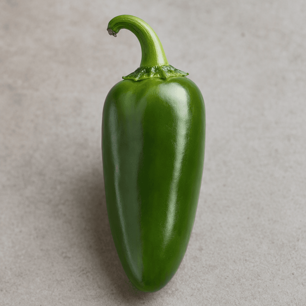 A fresh jalapeño is a short, thick, slightly curved green pepper with smooth, glossy skin, gently ridged sides, a rounded shoulder, and a tapered tip beneath its green stem.